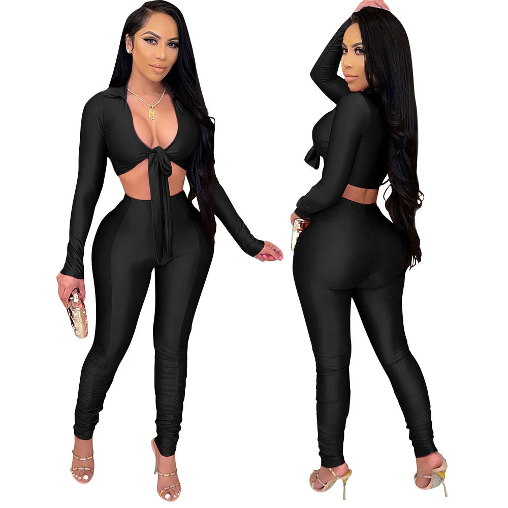 Women's Fashion Casual Slim Fit Two-Piece Set Open Shirt Butterfly Knot Long Sleeve Top with Long Pants Eye-Catching Streetwear