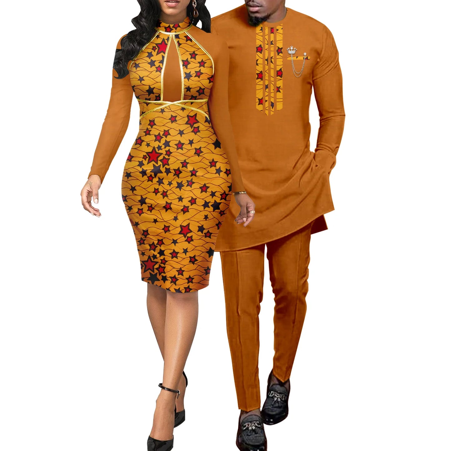 African Abaya Hip Dresses for Women Matching Couple Outfits with Bazin Riche Men's Top and Pant Set Dashiki Print