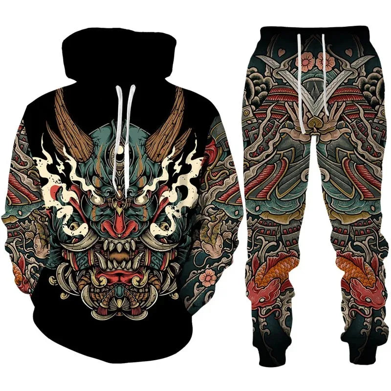 Tracksuit Sets Boys Hoodie Japan Samurai Mask Tattoo Art 3D Printed Casual Fashion Harajuku Streetwear Clothes For Boys Clothing