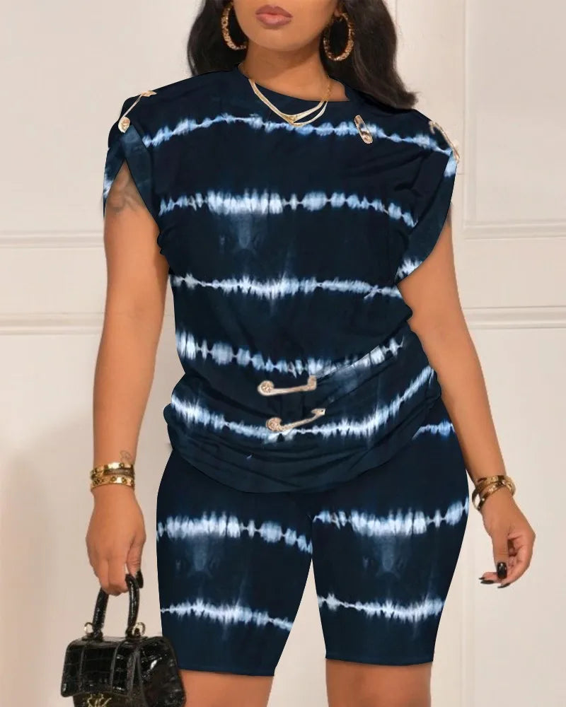 Casual Short Sleeve Tshirt Shorts Set Office Lady Spring Summer Fashion O-neck Letter Print Two Piece Set Women Outfit 2023