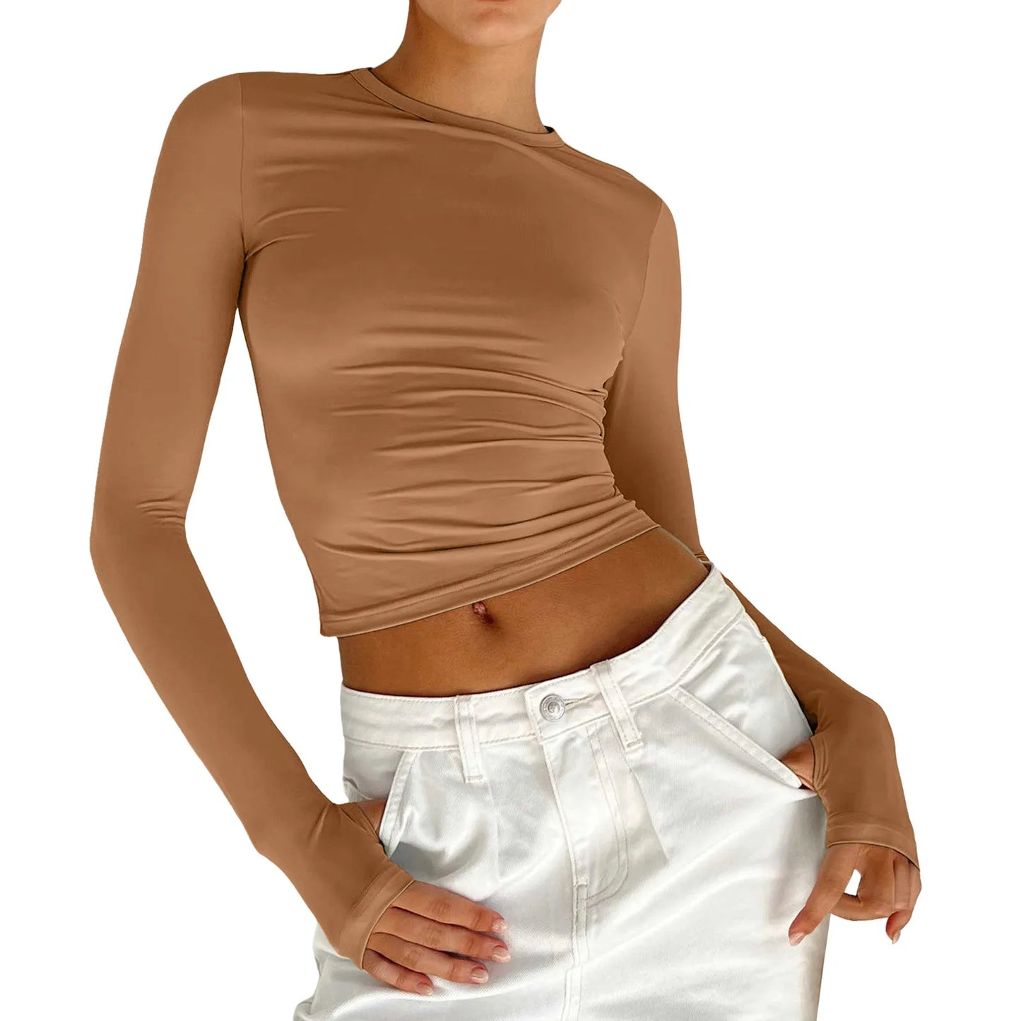 Women's Spring Fall Casual Slim Fit Basic Crop Tops Solid Long Sleeve Crew Neck Pullover Tight Tee Shirts Show Navel T-Shirt Y2K