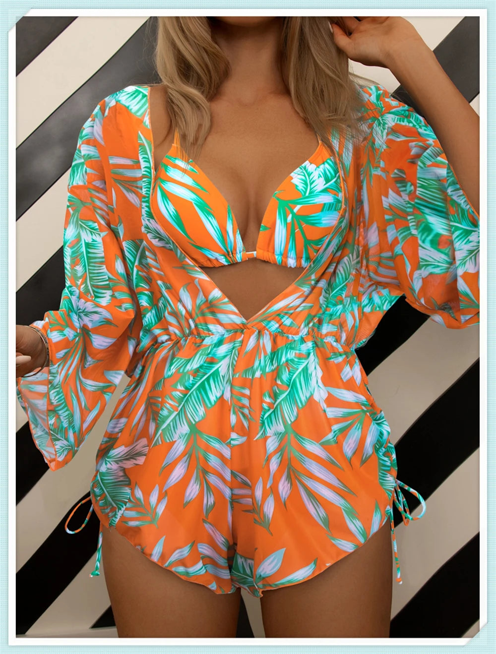 3 pieces Halter Bikini Tropical Print Swimsuit Drawstring Side Swimwear Women Long Sleeve Bathing Suit Female Swimming Beachwear