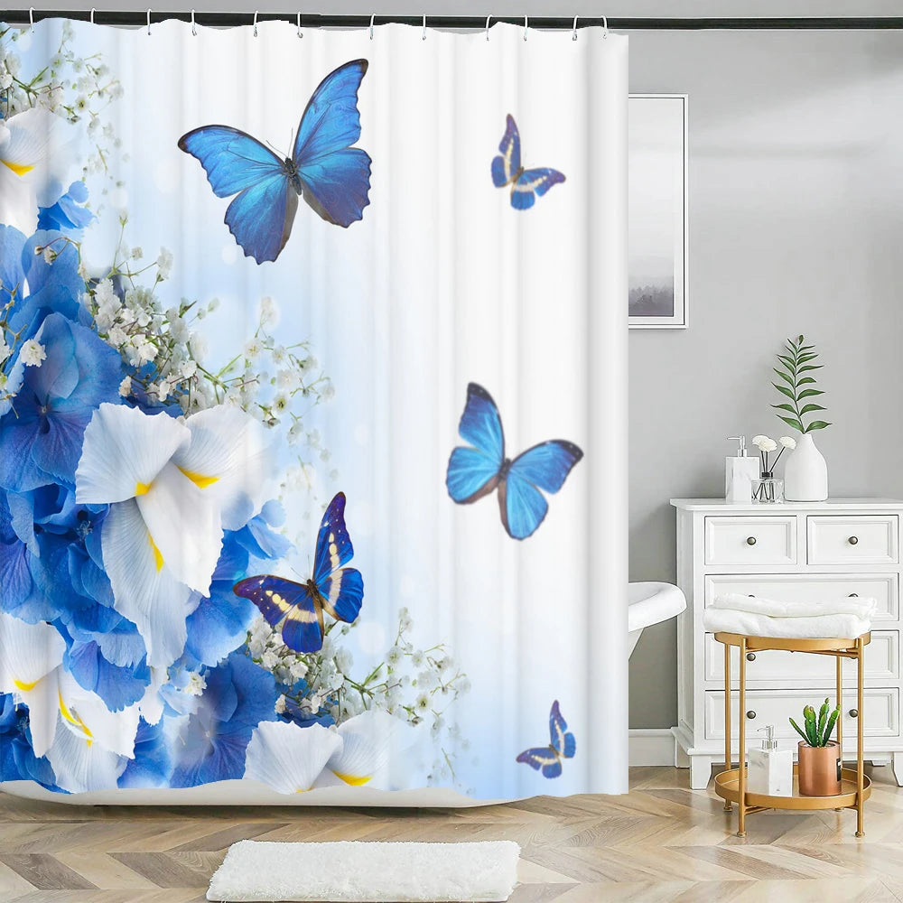 Butterfly Rose Flower Printed Waterproof Bathroom Shower Curtain Set Non-Slip Bath Mat Rug Sets Toilet Cover Bathroom Decor