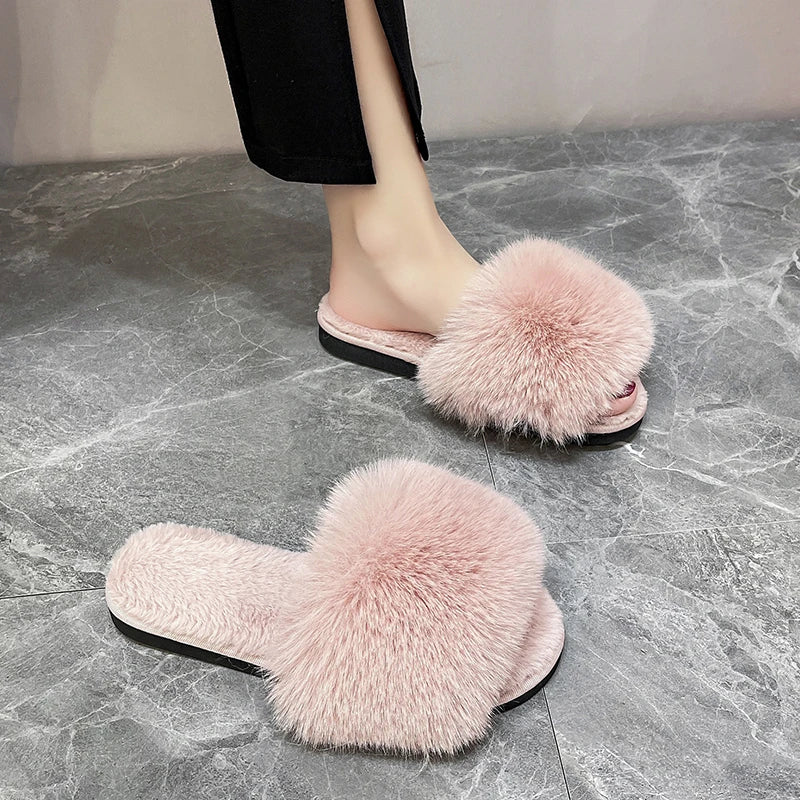 Women's Home Slippers Winter Pink Fur Kawaii Flats Furry Elegant Comfortable Soft Shoes for Woman and Low Price