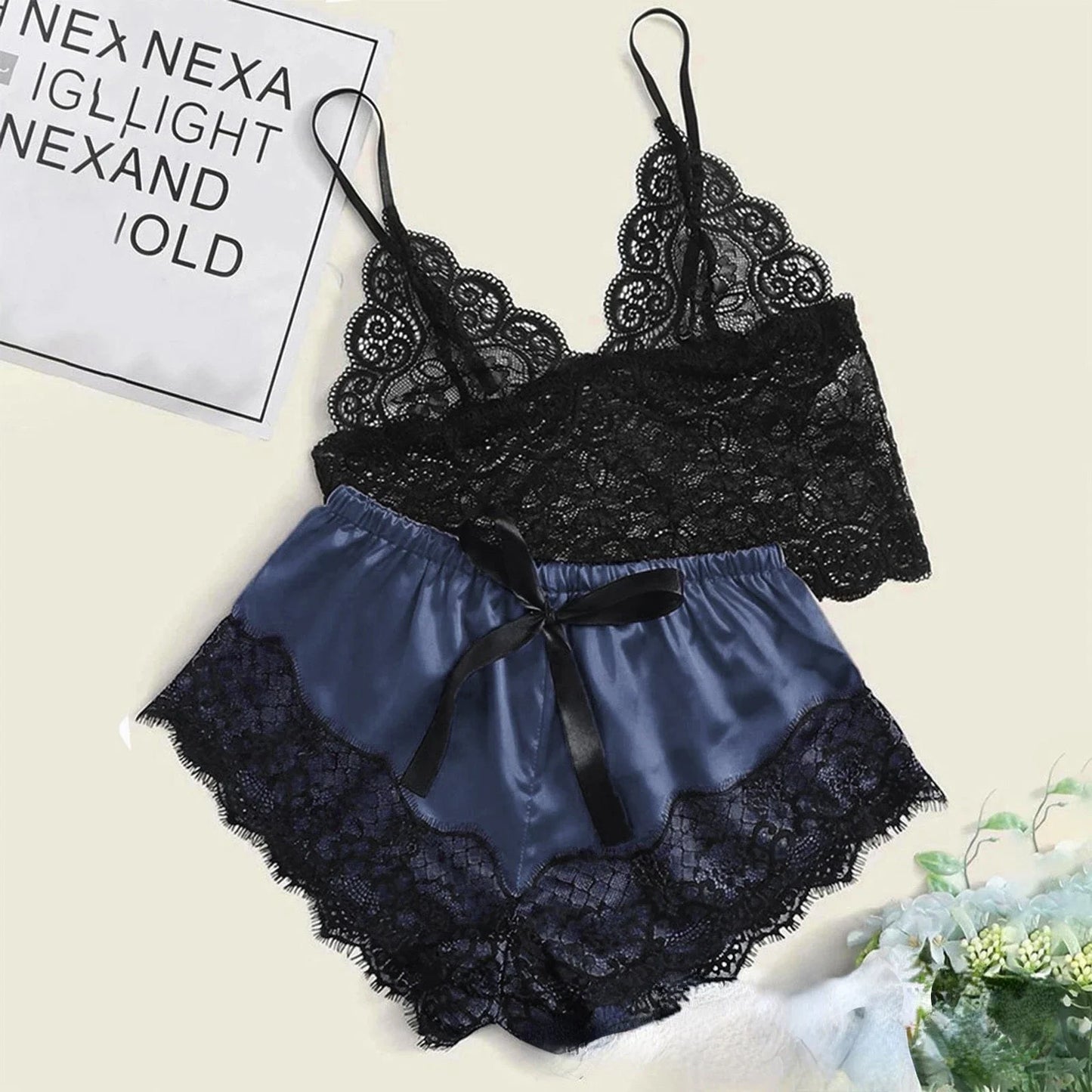 Women's Sexy Pajama Set 2 Pieces Lace Spaghetti Strap Top Shorts Sleepwear Lingerie Sleeveless Summer Clothes
