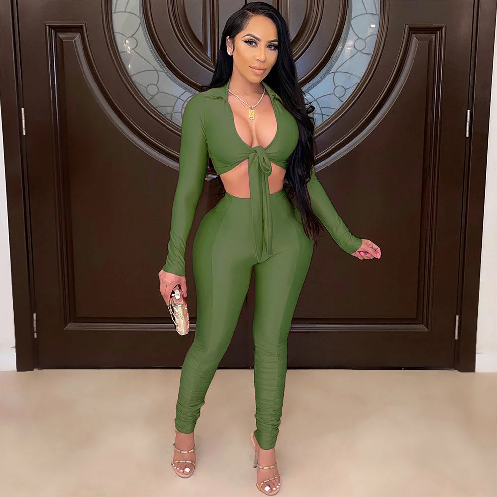 Women's Fashion Casual Slim Fit Two-Piece Set Open Shirt Butterfly Knot Long Sleeve Top with Long Pants Eye-Catching Streetwear