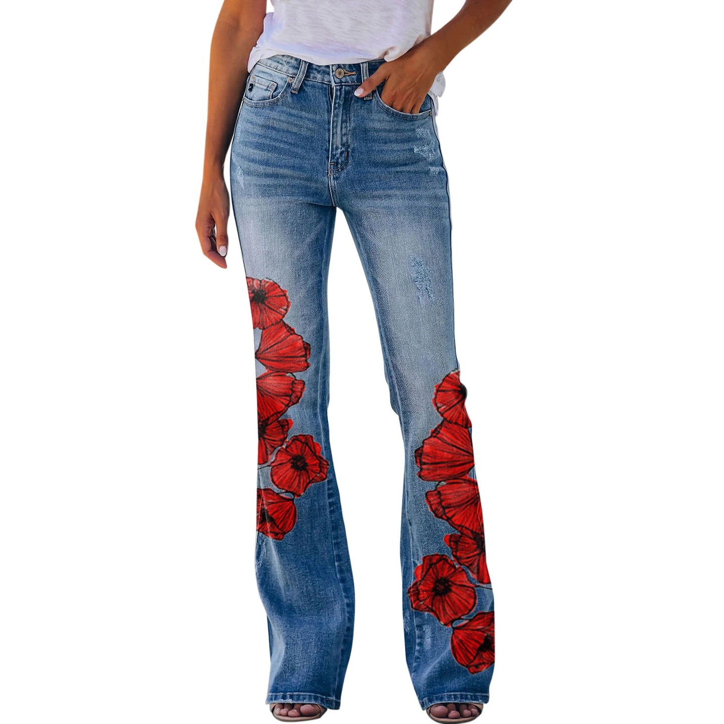 Y2K Ladies Retro Flared Jeans Floral Printed Slim-Fit Denim Trousers Baggy Style for Streetwear