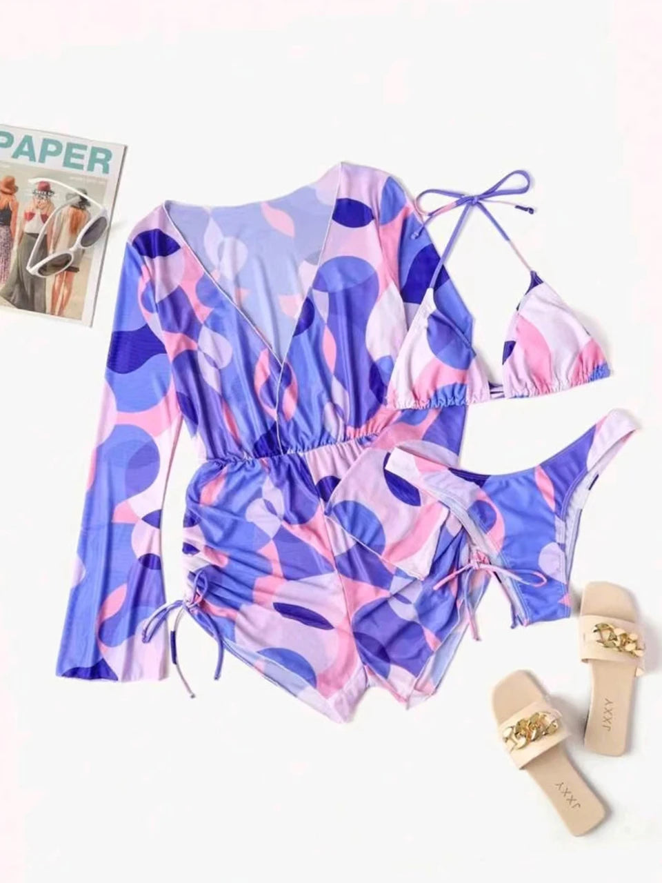 3 pieces Halter Bikini Tropical Print Swimsuit Drawstring Side Swimwear Women Long Sleeve Bathing Suit Female Swimming Beachwear