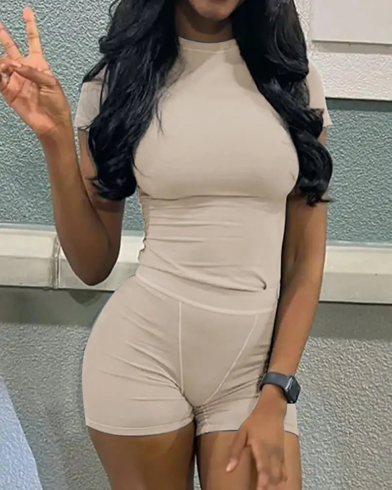 Casual Workout Two Piece Outfits for Women Fitted Crew Neck T-shirt High Waist pants Matching Sets Streetwear