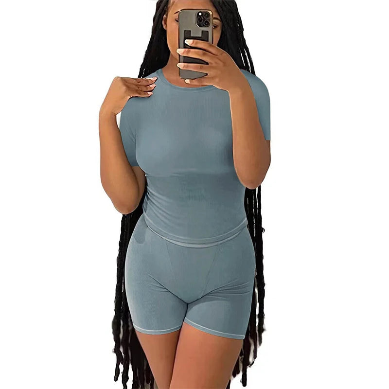 Casual Workout Two Piece Outfits for Women Fitted Crew Neck T-shirt High Waist pants Matching Sets Streetwear