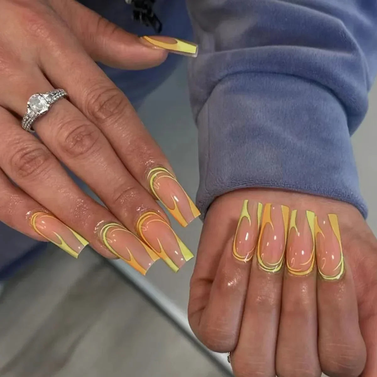 24Pcs Shimmery Long Coffin False Nails with Glue Ballerina Nail Design Sweet Fashion French Press on Acrylic Nails Manicure Tips