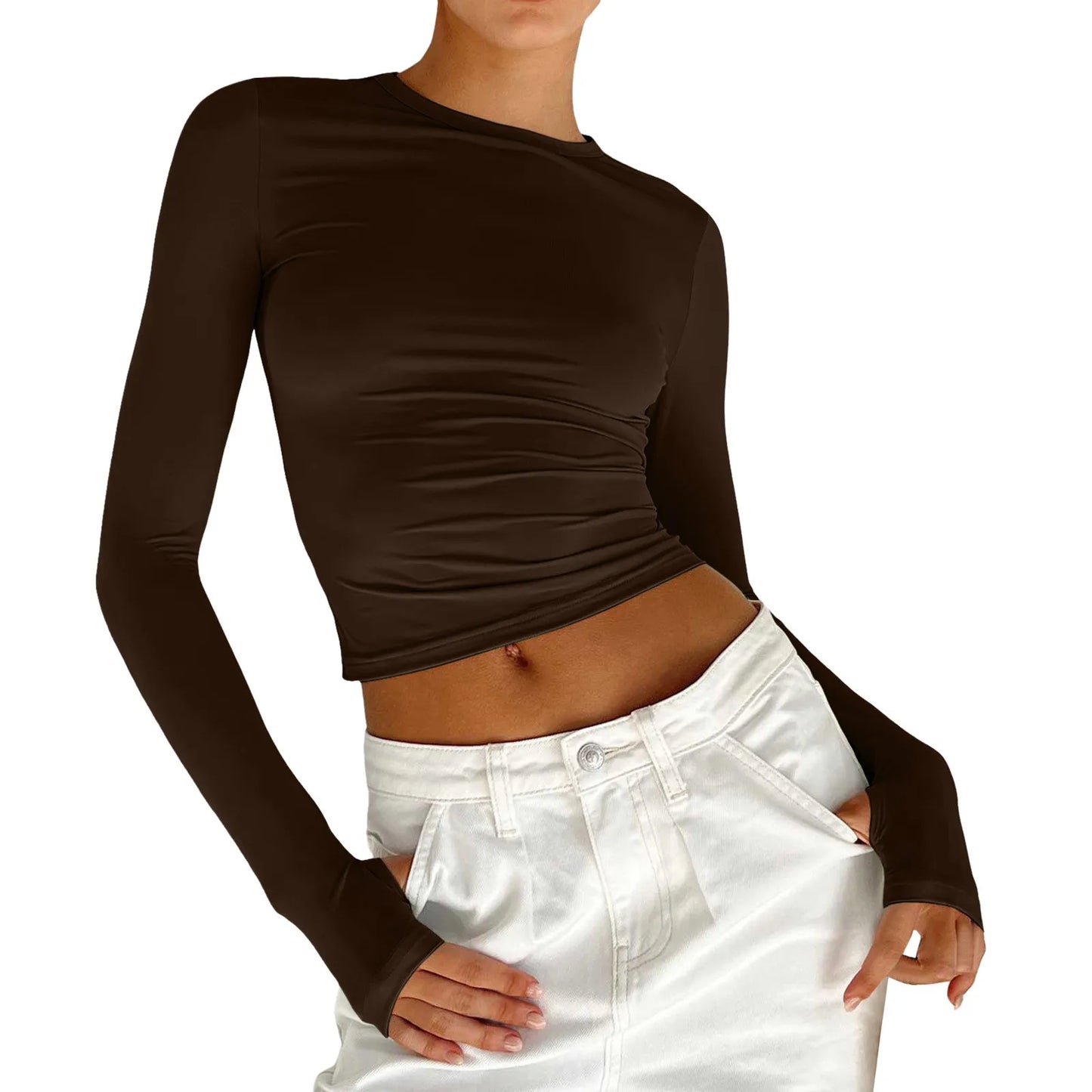 Women's Spring Fall Casual Slim Fit Basic Crop Tops Solid Long Sleeve Crew Neck Pullover Tight Tee Shirts Show Navel T-Shirt Y2K