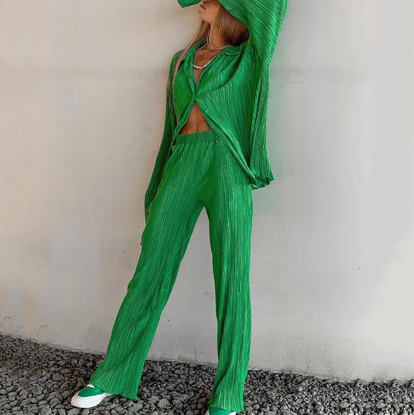 New Spring And Autumn Suit Women's Pleated Lapel Shirt Loose Casual Suit Solid Color Drape Pleated Casual Suit