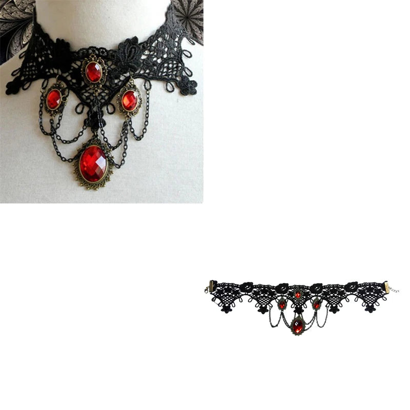 Fashion Cocktail Evening Party Dress Jewelry Victorian Gothic Halloween Red Rhinestone Charms Vampire Maxi Necklace Choker