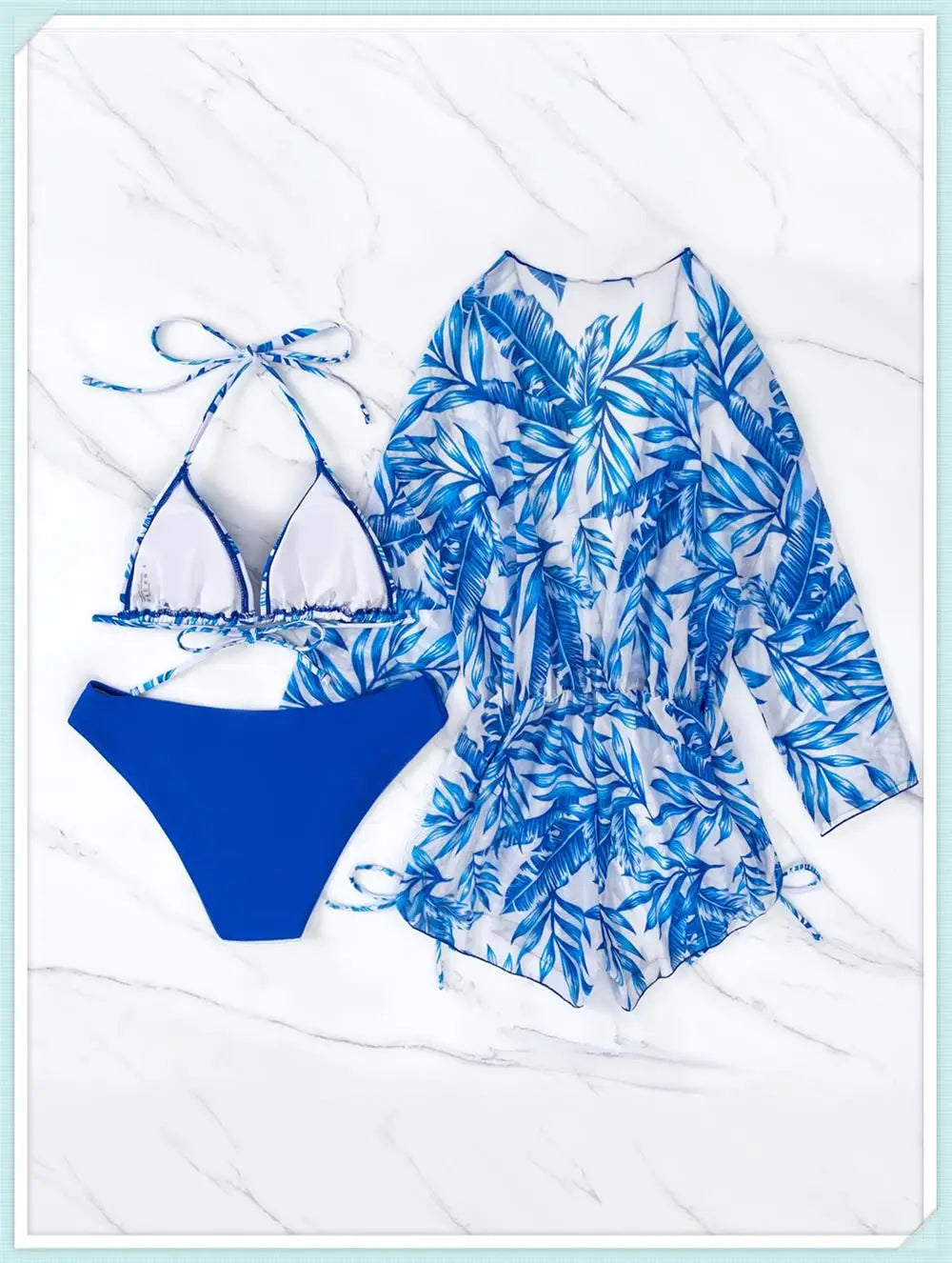 3 pieces Halter Bikini Tropical Print Swimsuit Drawstring Side Swimwear Women Long Sleeve Bathing Suit Female Swimming Beachwear