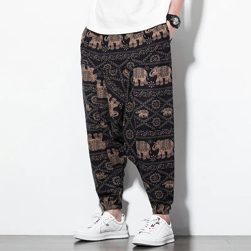 Cotton Linen Harem Pants Men Elastic Waist Streetwear Floral Joggers 2023 New Baggy Drop-crotch Pants Casual Trousers Men