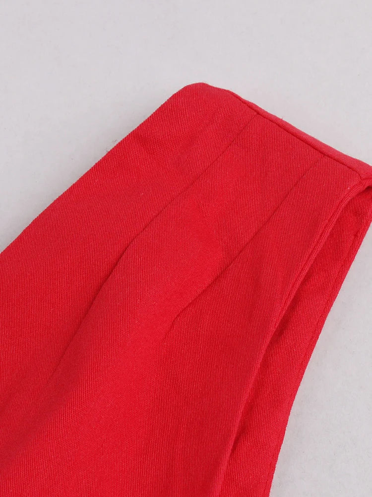 Tonval Red Pleated Plain Solid Vintage Dress Women Wrap V-Neck Belted Elegant Party Retro Cotton Summer Dresses