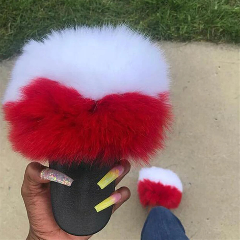 Hot Sale Summer Women Fox Fur Slippers Furry Slippers Designer Fur Slides Girls Black Fur Slides Gorgeous Big Fur Slides Sandal
