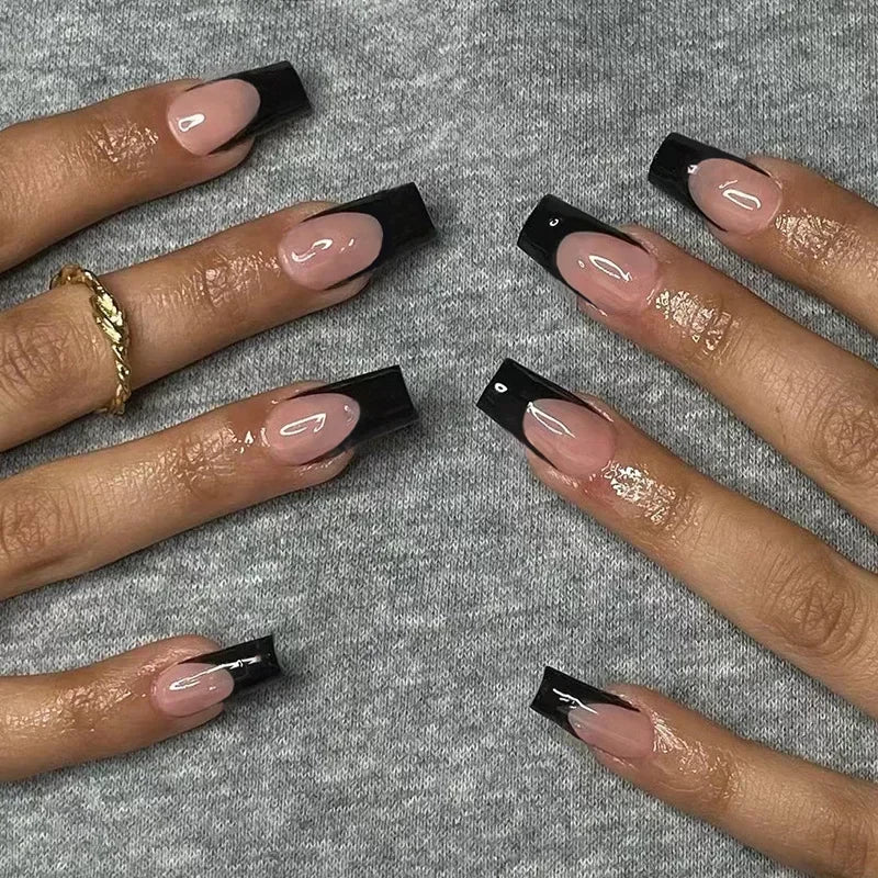 24Pcs Shimmery Long Coffin False Nails with Glue Ballerina Nail Design Sweet Fashion French Press on Acrylic Nails Manicure Tips