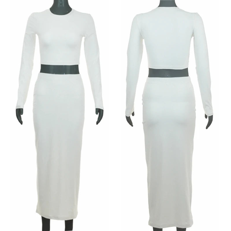 Women's 2PCS Dress Set Long Sleeve Crop Top And Mid-Calf Skirt Slim Fit Office Lady Fashion Spring/Autumn Suit Polyester Knitted