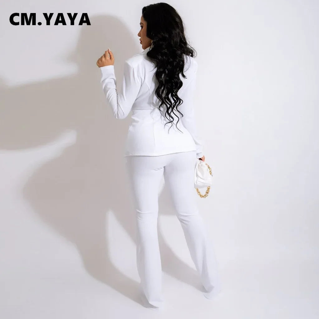 CM.YAYA Elegant Women's Tracksuit Sashes Up Blazers and Straight Wide Leg Pants Suit Office Lady Matching Two 2 Piece Set Outfit