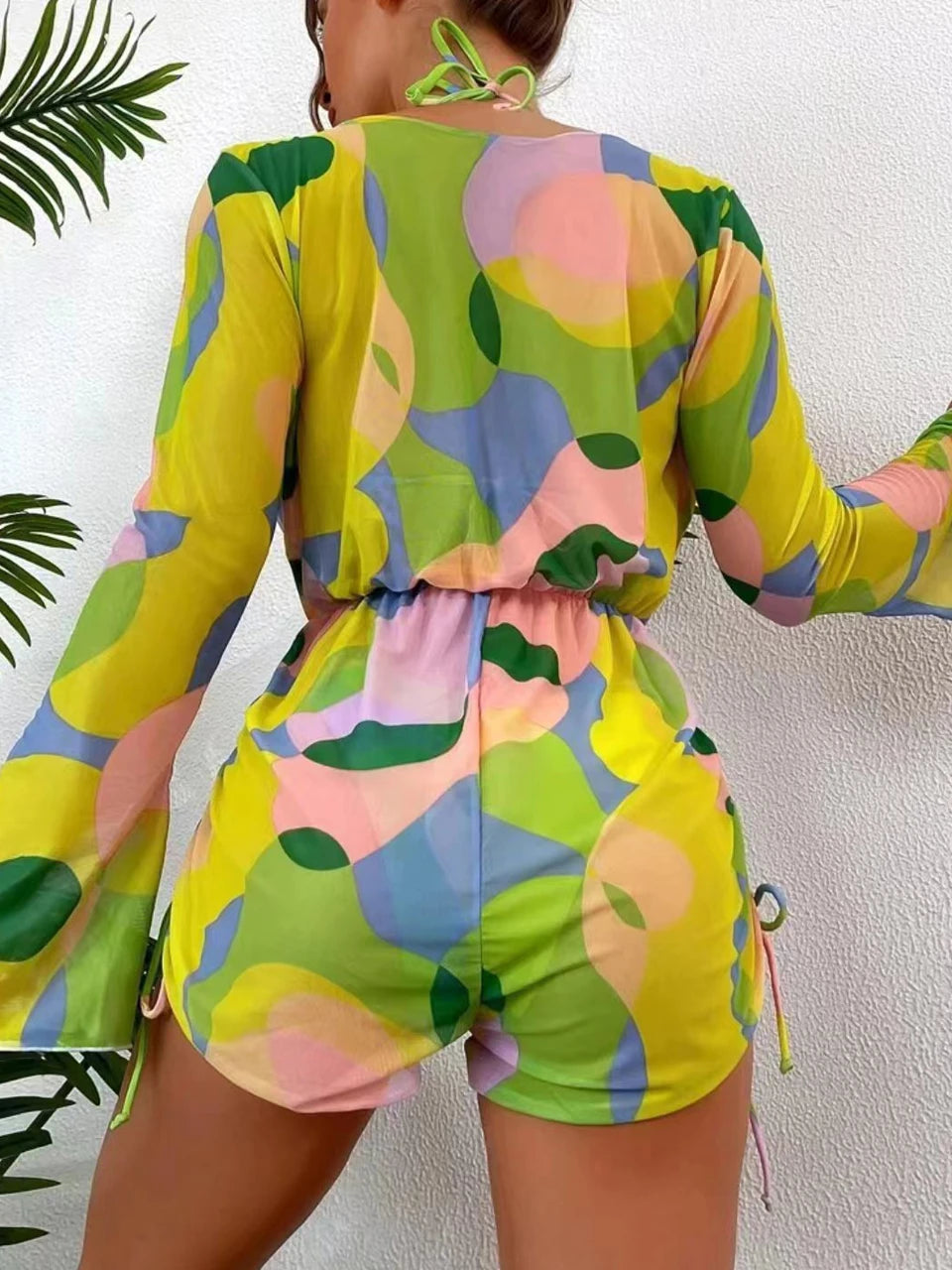 3 pieces Halter Bikini Tropical Print Swimsuit Drawstring Side Swimwear Women Long Sleeve Bathing Suit Female Swimming Beachwear