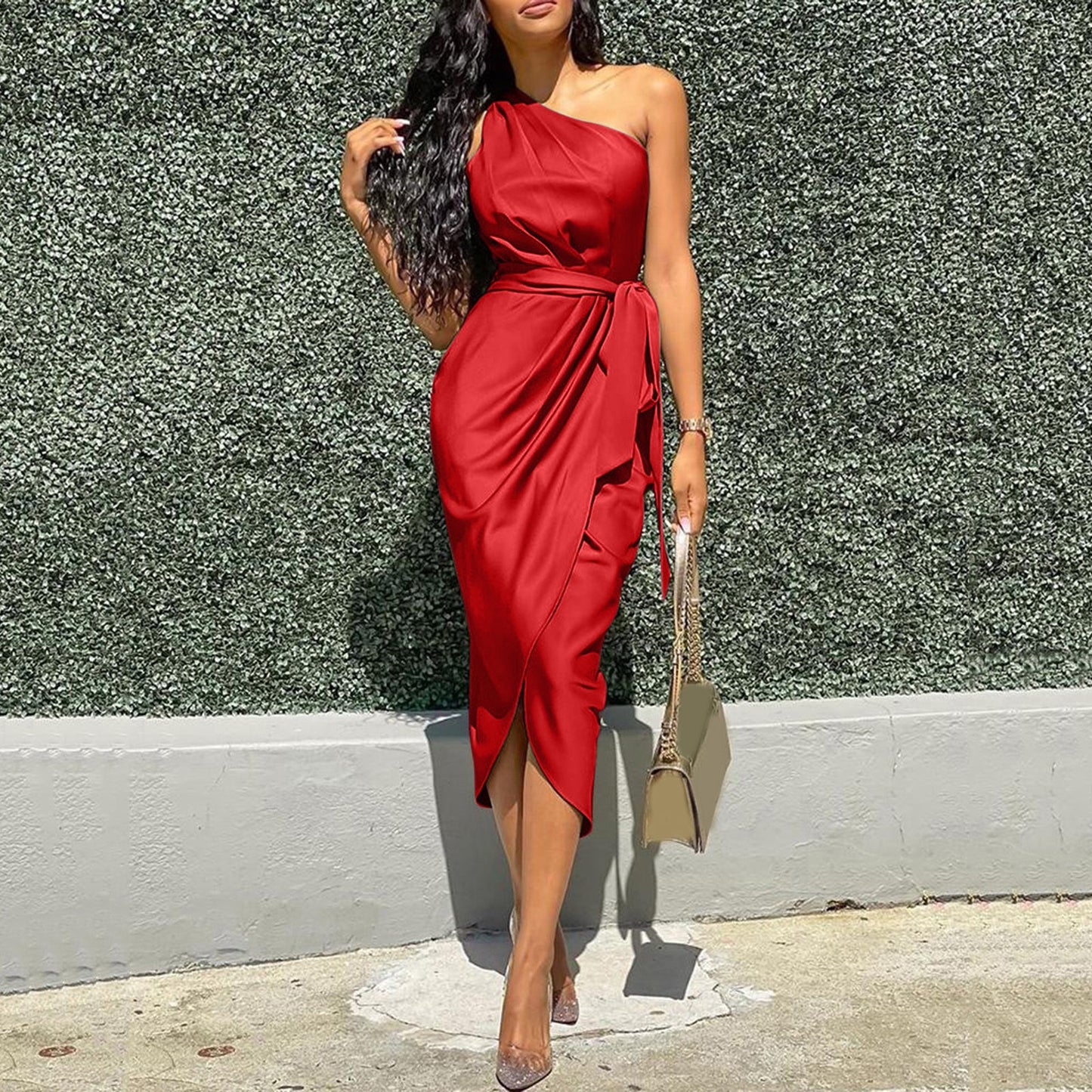 Women Prom Cocktail Dresses Sexy Solid One Shoulder Ruched Slit Belted Waist Dress Sleeveless Formal Occasion Dresses 원피스