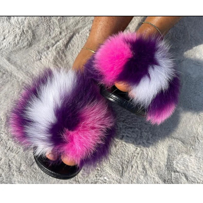 Rainbow Fur Slides Women's Furry Plush Raccoon Fox Fur Slippers Indoor Flat Non-Slip Summer Beach Flip Flops Large Size Sandals