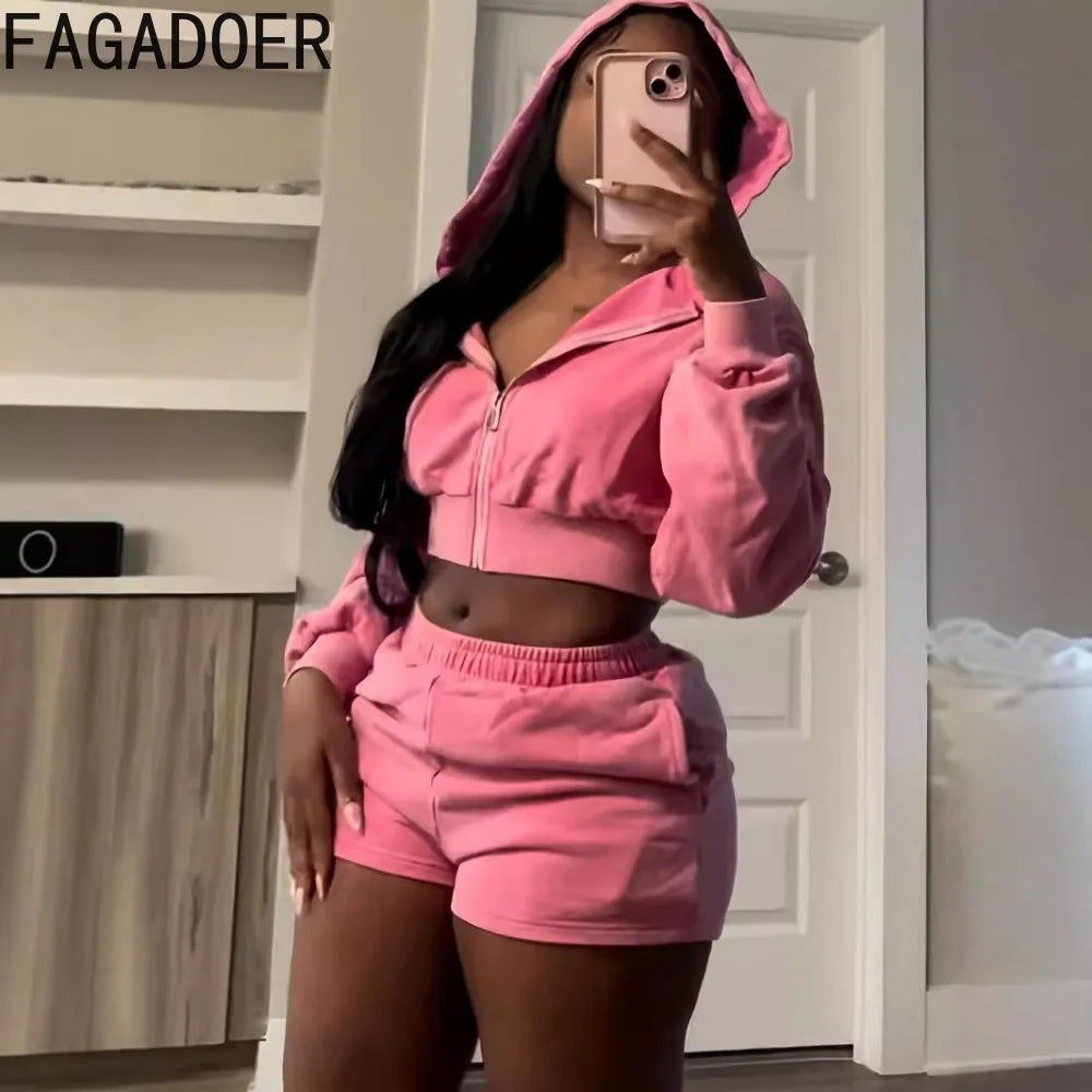 FAGADOER Autumn New Pink Two Piece Set Women Casual Outfits Long Sleeve Zip Hoodies Top and Shorts Suits Girls Sports Streetwear