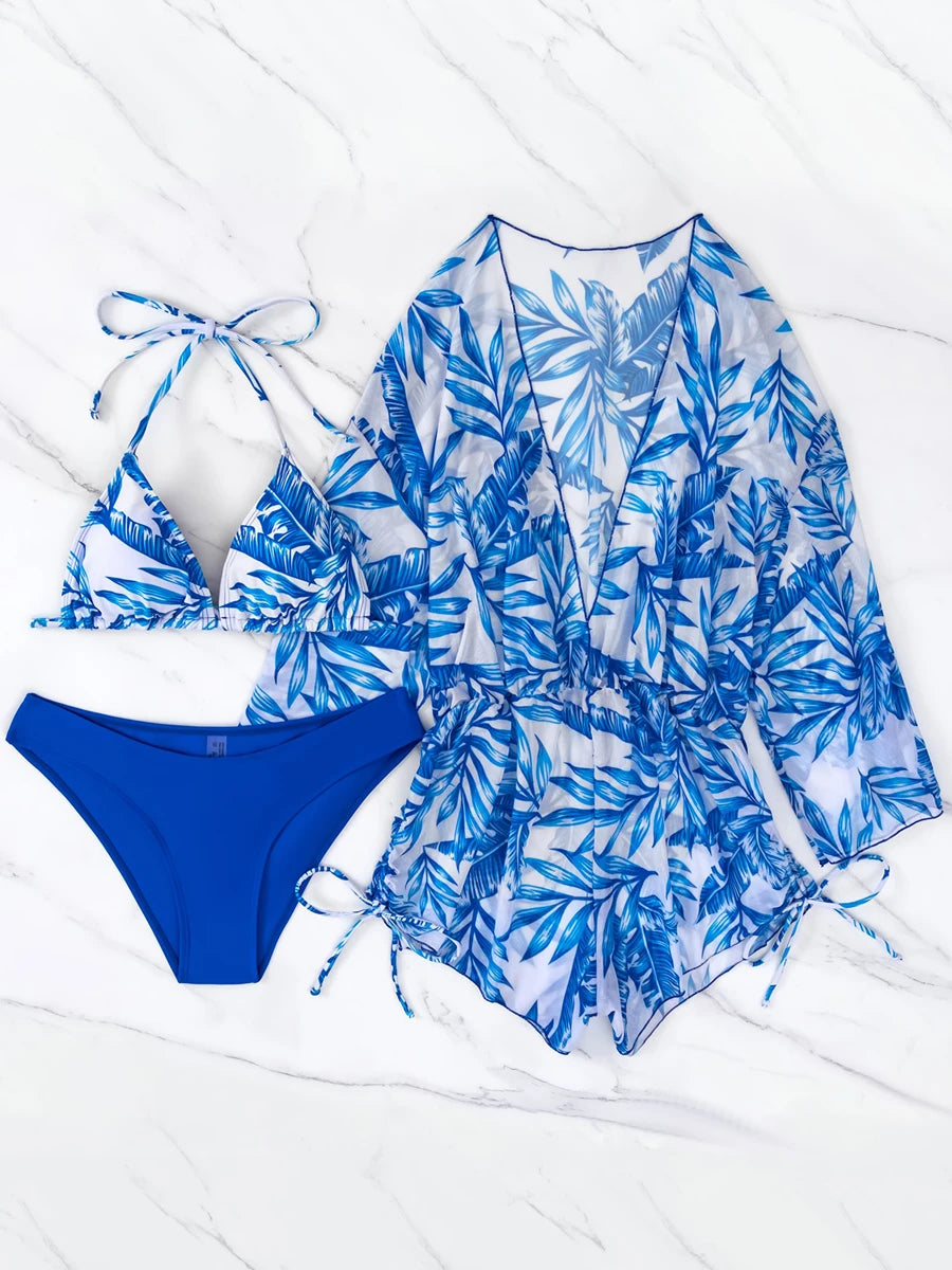 3 pieces Halter Bikini Tropical Print Swimsuit Drawstring Side Swimwear Women Long Sleeve Bathing Suit Female Swimming Beachwear