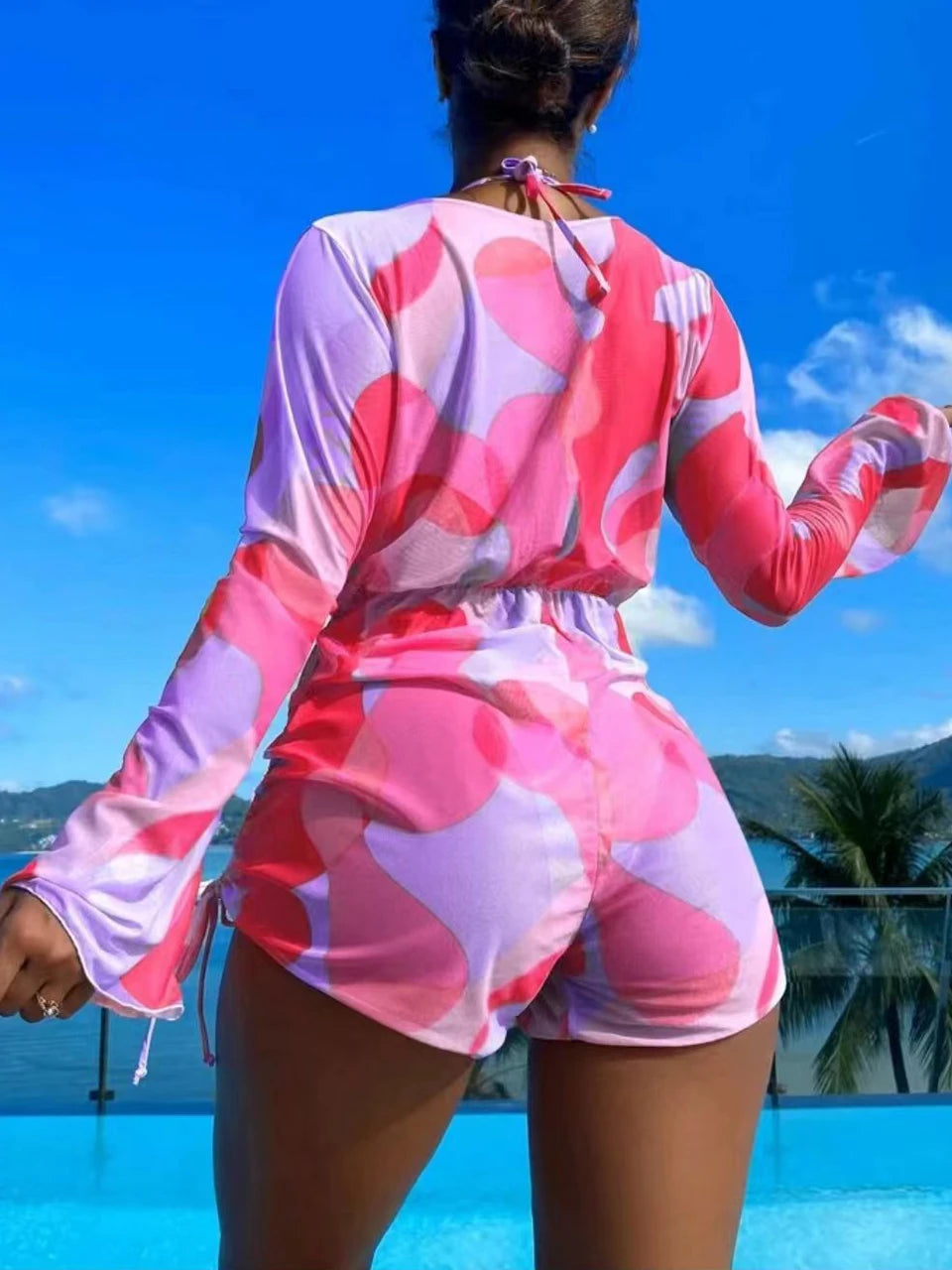 3 pieces Halter Bikini Tropical Print Swimsuit Drawstring Side Swimwear Women Long Sleeve Bathing Suit Female Swimming Beachwear