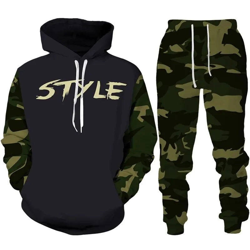 Camouflage Hoodie 3D Print Tracksuit Set Man Hoodie + Pants 2pcs Set Outdoor Fitness Sportswear Casual Unisex clothing