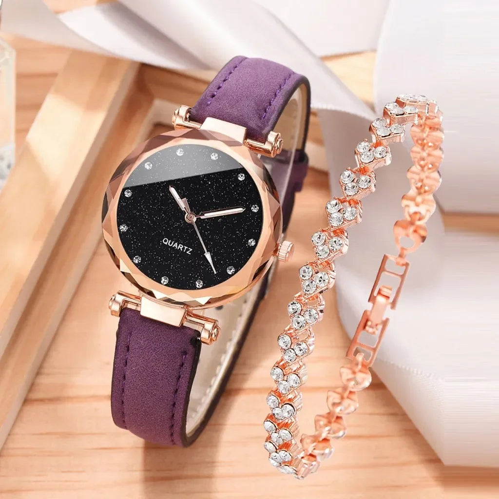 Luxury Fashion Women's Watch Set 2pcs PU Leather Strap Quartz Wristwatch with Rhinestone Rosegold Alloy Bracelet for Ladies Gift
