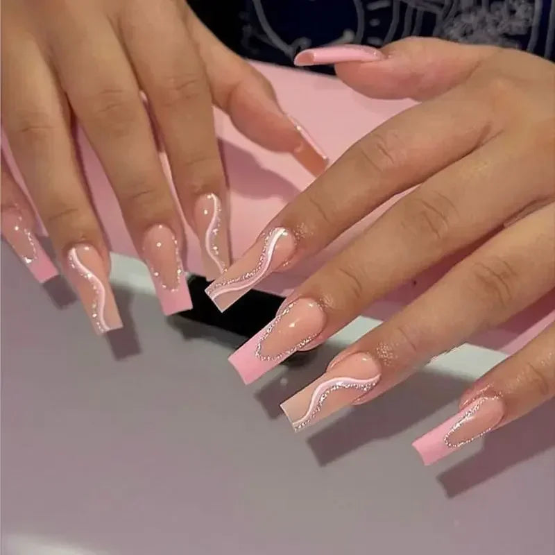 24Pcs Shimmery Long Coffin False Nails with Glue Ballerina Nail Design Sweet Fashion French Press on Acrylic Nails Manicure Tips