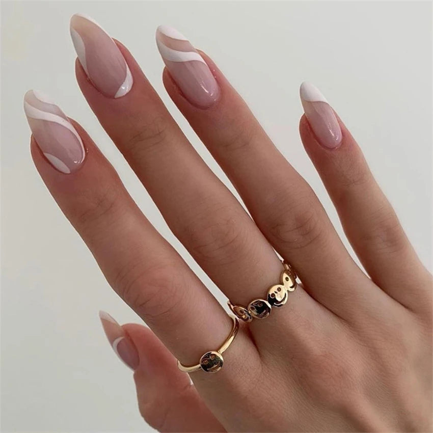 24Pcs/Set Press on Nails Gradient Point Drill Ballet Wearing False Nails Long French Stick on Nail Artificial Acrylic Fake Nails