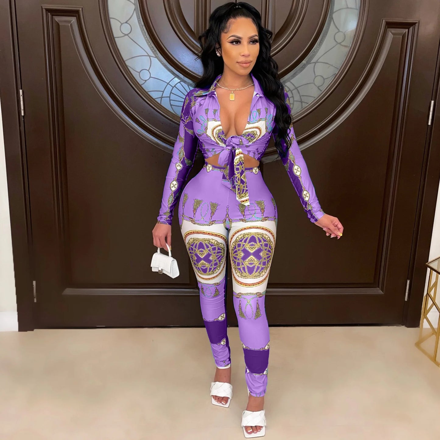 Sexy Print Two Pieces Pants Set Women Long Sleeve Navel Tie Cropped Button Shirt and Skinny Pants Matching Clubwear Outfits