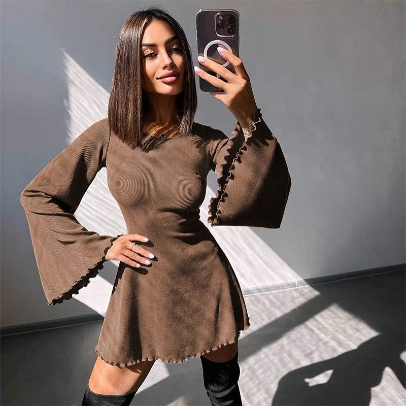 Mini Short Party Dress for Women Sexy Nightclub Flare Sleeves O Neck Back Bandage Eye Catching Autumn Fashion