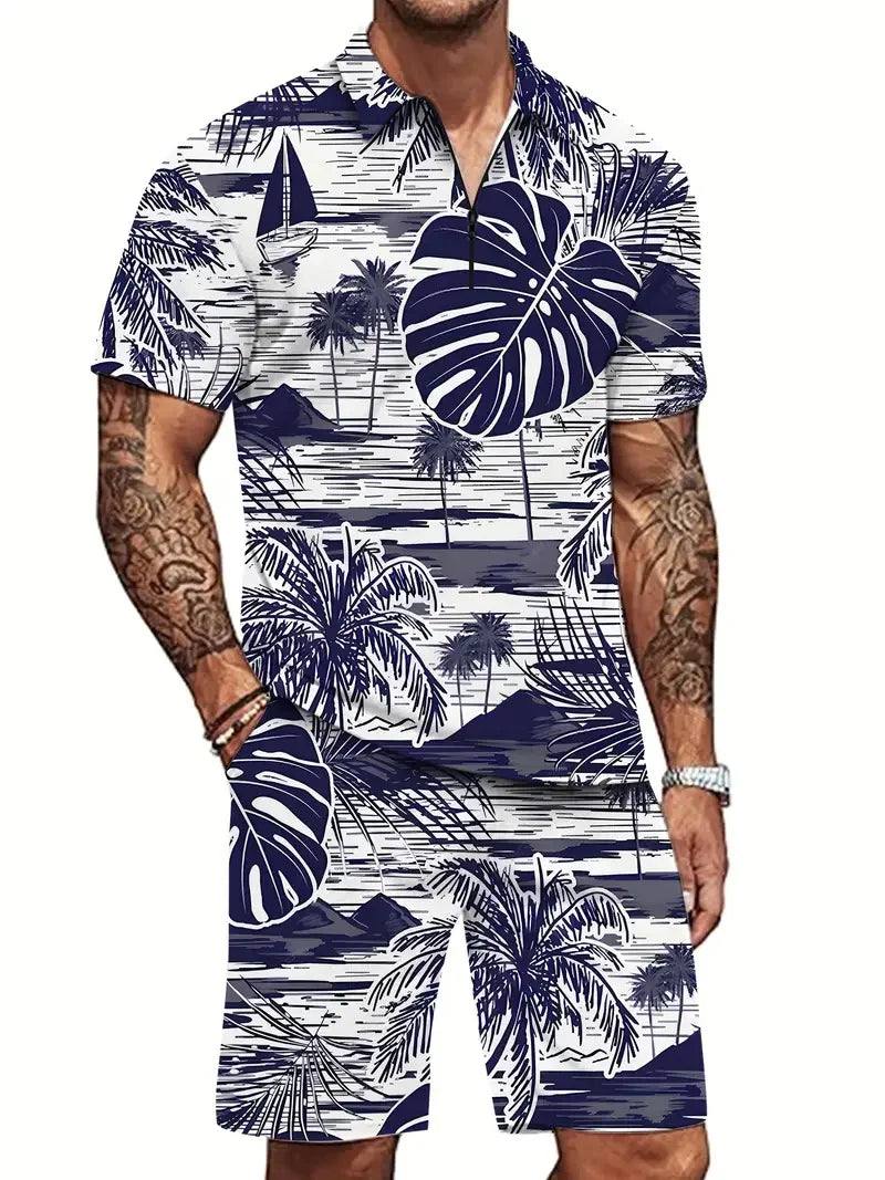 Zipper Shirt Shorts Set Summer Fashion Casual Men's Sports Set 3D Printed Simple Style Lapel Zipper Shirt 2 Sets