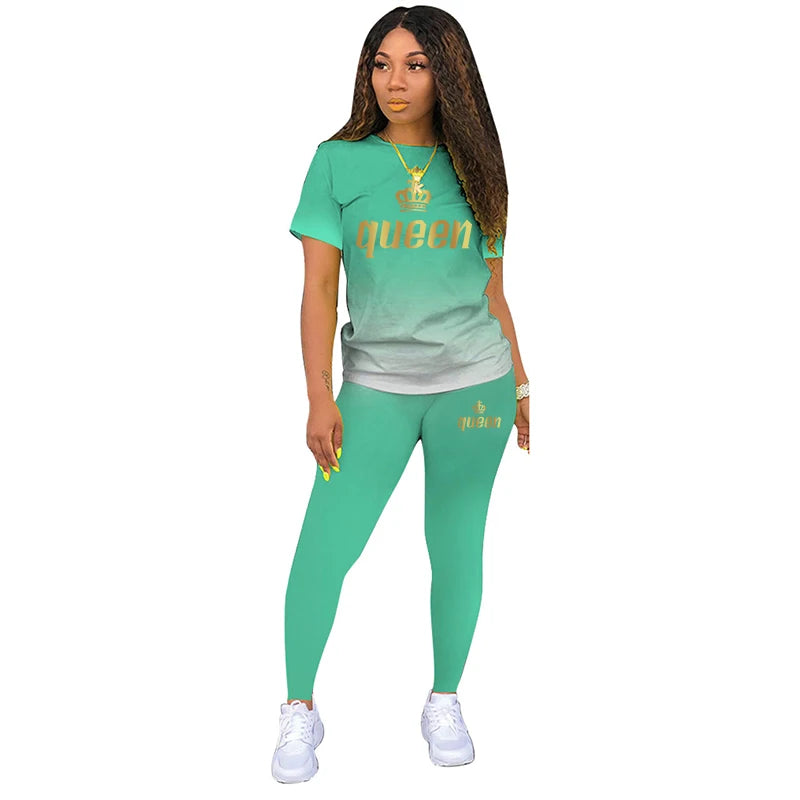 Two Piece Outfits For Yoga Fitness Athletic Sets Printed Gradient T Shirt Leggings Women's Short Sleeve Sportwear S-5XL