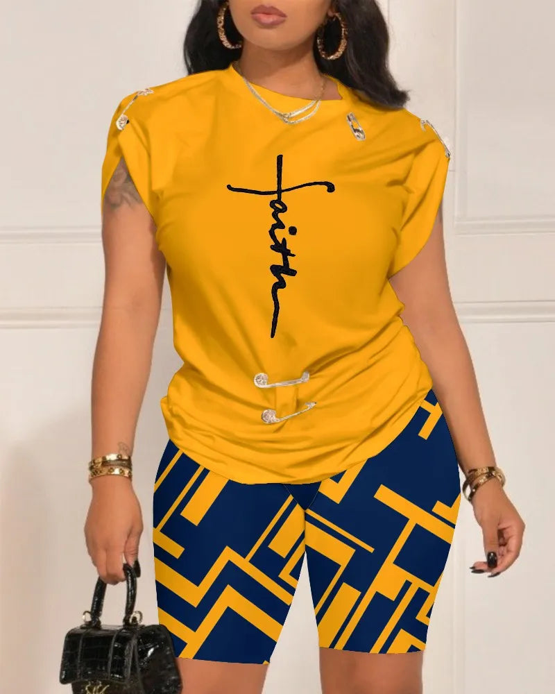 Casual Short Sleeve Tshirt Shorts Set Office Lady Spring Summer Fashion O-neck Letter Print Two Piece Set Women Outfit 2023