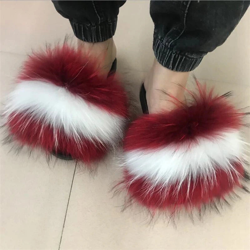 Hot Sale Summer Women Fox Fur Slippers Furry Slippers Designer Fur Slides Girls Black Fur Slides Gorgeous Big Fur Slides Sandal