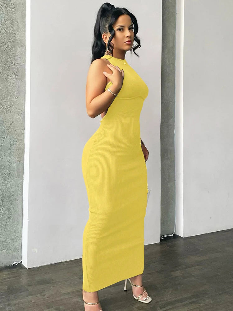 Hugcitar Ribbed Solid Hollow Out Backless Sleeveless Sexy Slit Dress Bodycon 2025 Summer Women Outfits Elegant Party Y2K