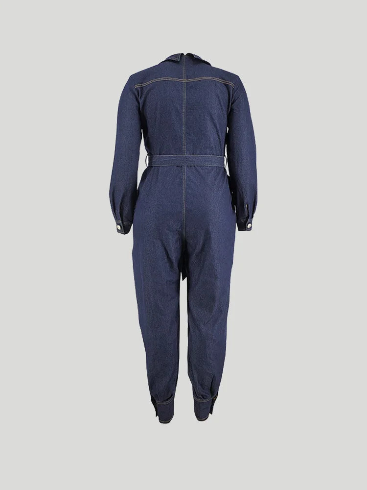 Denim Style Denim Jumpsuit with Belt Women Fashion Plus Size Loose Jeans Casual Overalls Romper Outfit