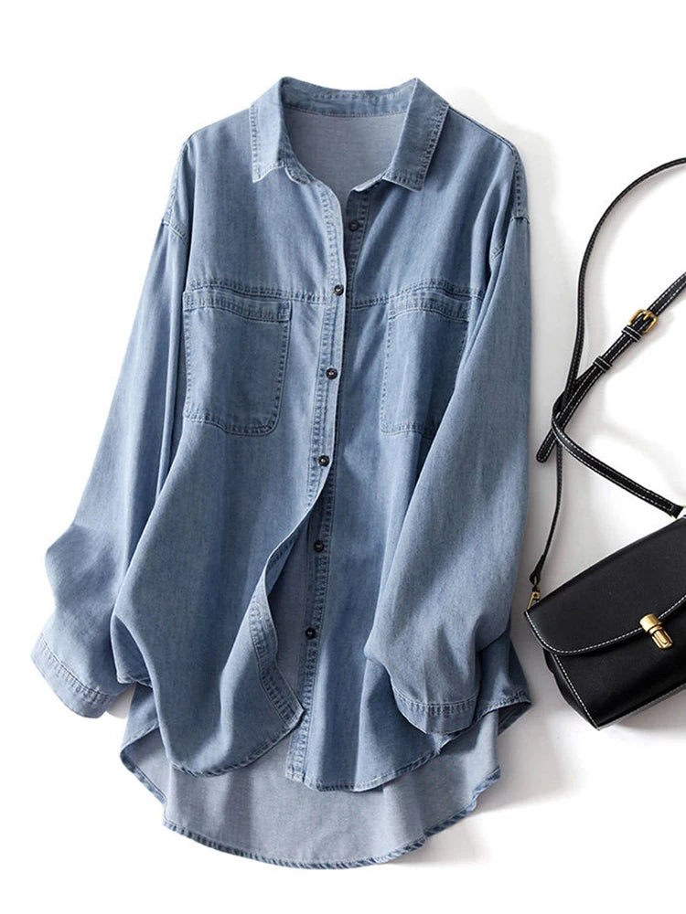 100% Cotton Women Denim Shirts Loose Vintage Designed Female Jeans Long Shirts Long Sleeve Blue Casual Streeetwear Tops
