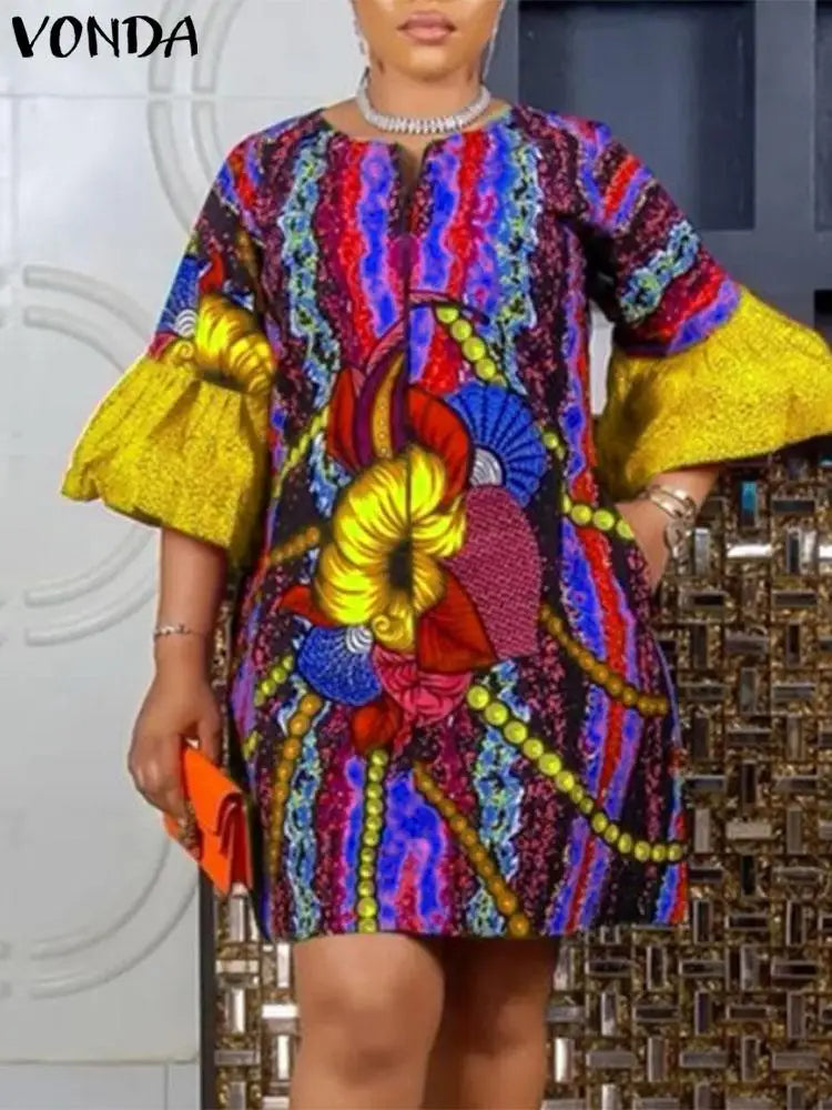 Plus Size 5XL VONDA Women Bohemian Short Dress Crew neck Flared Sleeve Party Vestido 2024 Fashion Printed Sundress Casual Robe