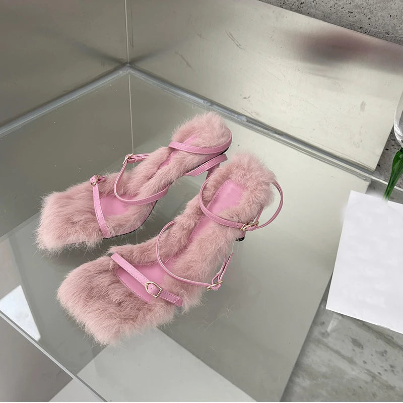 Liyke Size 35-40 Summer Party Dress Pink Sandals Women 2025 Fashion Fur Feather Thin High Heels Square Toe Buckle Strap Shoes