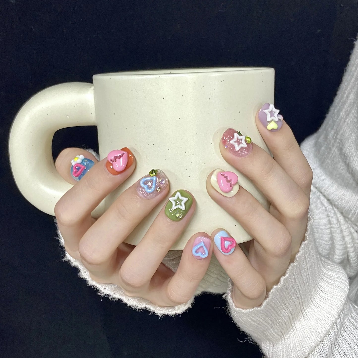 Pink Strawberry Press on Nails Handmade Flower Fake Nails Gradient Color Medium Length Square False Nails for Women Girls