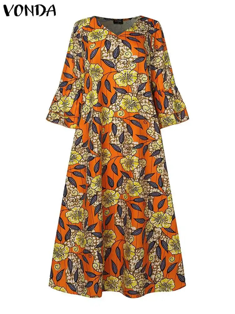 VONDA 2024 Elegant Maxi Dress Women Bohemian Floral Printed Dresses Sexy V-Neck Long Sleeve Ruffled Vestidos Casual Loose Robe