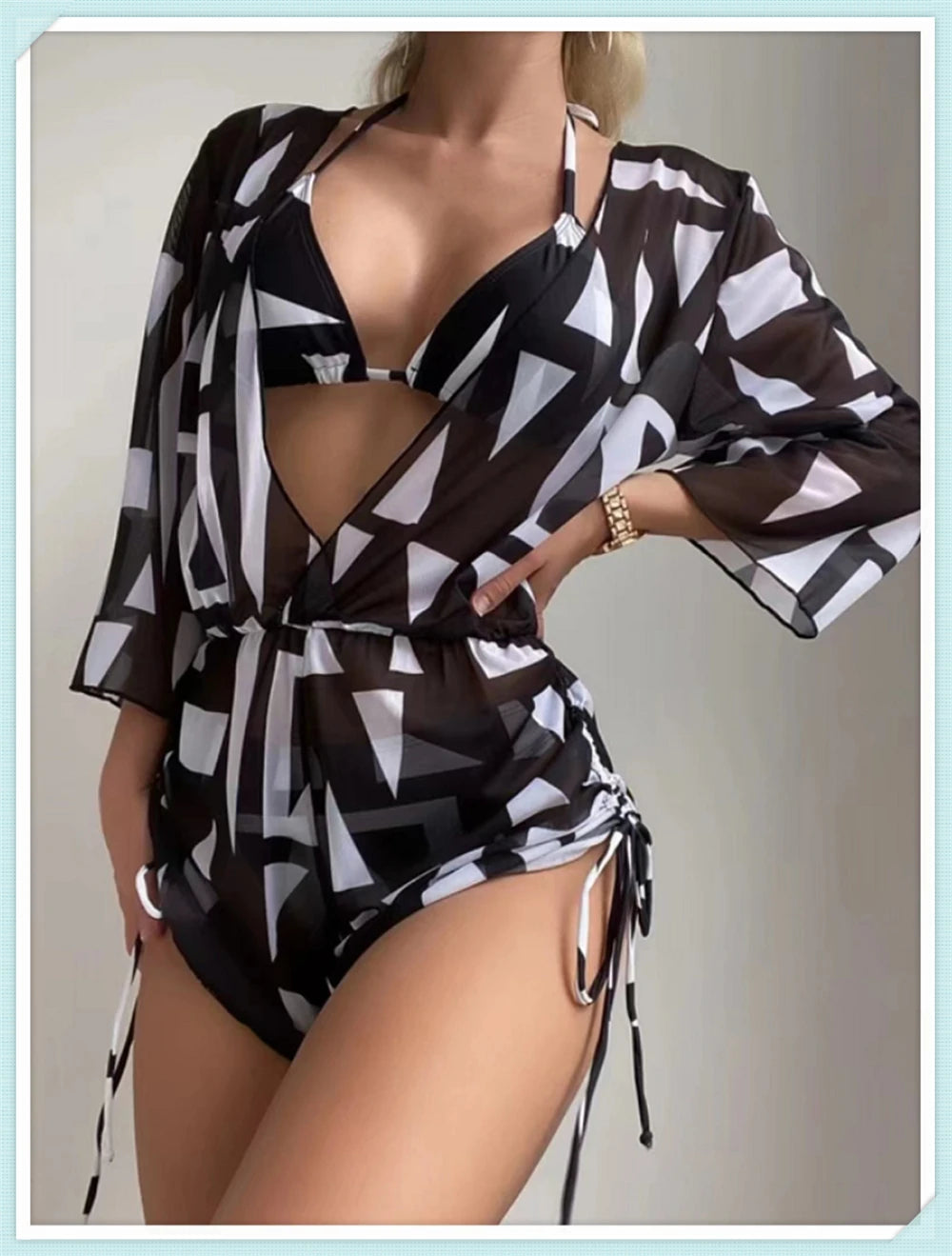 3 pieces Halter Bikini Tropical Print Swimsuit Drawstring Side Swimwear Women Long Sleeve Bathing Suit Female Swimming Beachwear