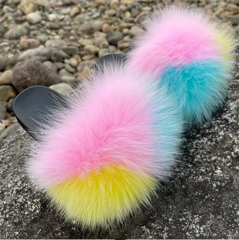 Hot Sale Summer Women Fox Fur Slippers Furry Slippers Designer Fur Slides Girls Black Fur Slides Gorgeous Big Fur Slides Sandal